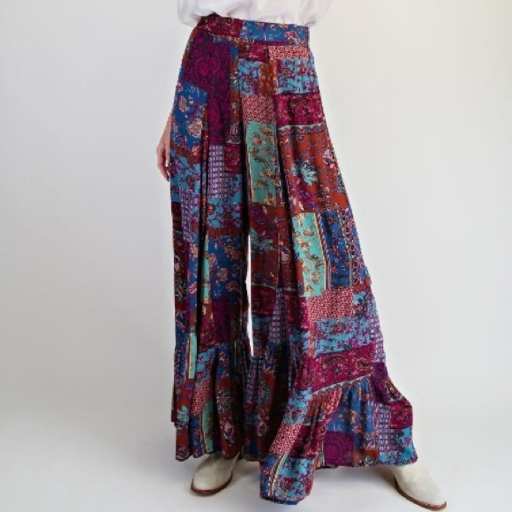 Easel Boho Patchwork Wide Leg Palazzo Pants - Multicolor- Size 1X